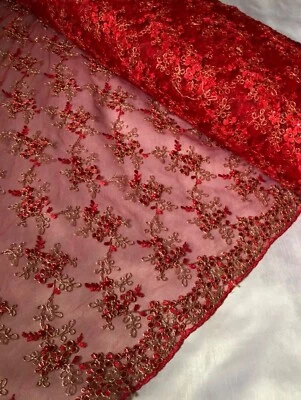 1 Meter Red/Gold Embroided Pearl Beaded Scalloped Bridal lace Fabric 44”wide - Image 1 of 4