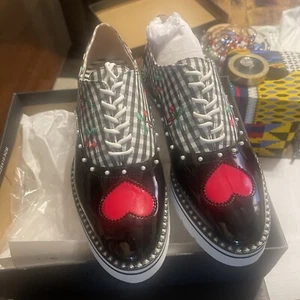 Betsey Johnson Shoes- Women's Abbott Oxfords- Size: 7.5 Checkered/Cherries/Heart - Picture 1 of 8