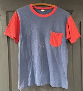 Vintage Late 60s Cotton Two Tone Red And Blue Essential Pocket Tee Unique Medium - Bild 1 von 5