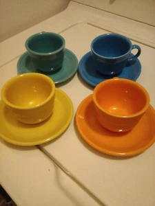 Set Of 4 Fiesta Ware Tea Cups And Saucers multi color Homer Laughlin Coffee Mugs - Picture 1 of 9