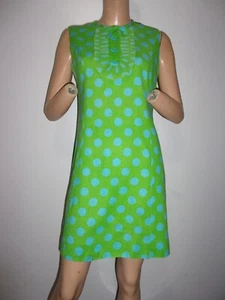 FABULOUS Vtg 60s MOD Space Age POP ART Twiggy Style Polka Dot Linen Mini Dress M - Picture 1 of 12