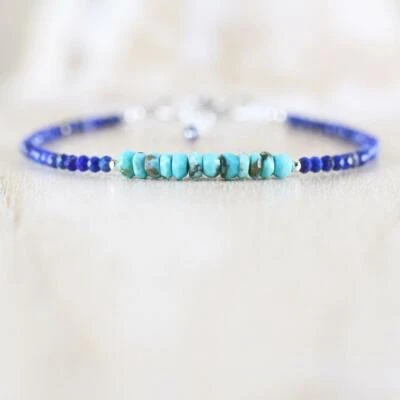 3mm Natural Arizona Turquoise Lapis Faceted Rondelle Gemstone Beads Bracelet - Image 1 of 4