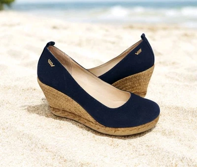 Alpargata cuñas de lona Viscata Roses corte en V azul marino sin cordones talla US 11 EUR 42 Foto 1 de 4