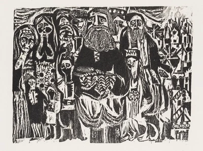 Personengruppe mit Leitfigur in der Mitte, Holzschnitt Unbekannt (20.Jhd) - Bild 1 von 4