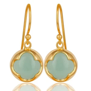 18K Yellow Gold Plated 925 Sterling Silver Chalcedony Gemstone Dangle Earrings - Picture 1 of 3