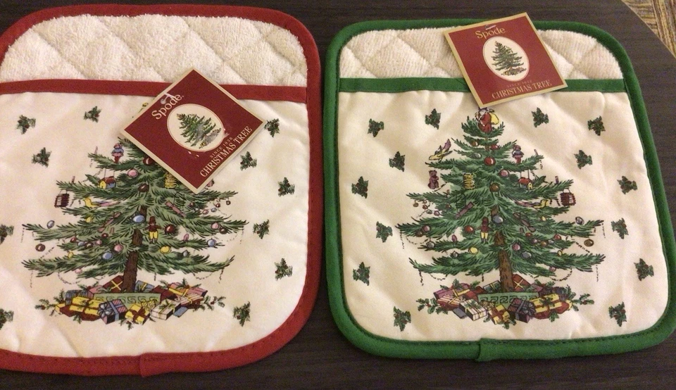 Juego de 2 agarraderas de árbol de Navidad Spode acolchadas con adornos rojos y verdes nuevas Foto 1 de 1