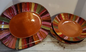 Set 3 Pier 1 Stoneware Wavy Stripe Hand Painted Salad Plates ~ 9" & Platter 12" - Picture 1 of 10