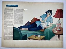 Vintage Illustration Art Women Reading On Couch Drinking Coffee 15x20” Miszczuk