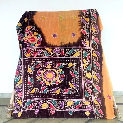 Cobertor indiano vintage Kantha duplo lance boêmio colcha cama Ralli Gudri 1 peça - Imagem 1 de 2