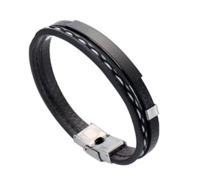 Pulsera trenzada con cordón en capas de cuero PU inoxidable negro ajustable unisex #08 - Imagen 1 de 4