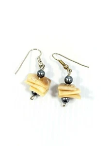 Artisan Silver Tone Square Shell Stacked Bead Gray Faux Pearl Dangle Earrings - Picture 1 of 6