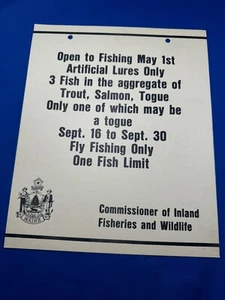 C.1965 NOS Maine Game Warden Sign FISHING Limits, Salmon, Trout, Togue 11"x9" - Picture 1 of 2