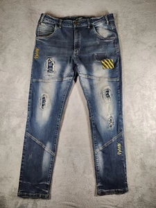 Slim Fit Jeans Mens 36X32 Distressed Rip Repair Denim Motorcycle Blue Stretch - Picture 1 of 16