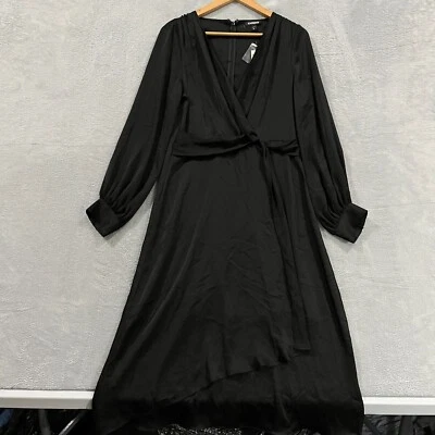 Express Maxi Wrap Dress Medium M Long Sleeve Satin Black Belted Asymmetrical - Image 1 of 4