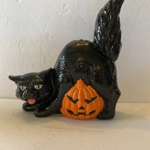 Vintage 11" Keramik Halloween gewölbter Rücken schwarze Katze Jack O Laterne Kürbis - Bild 1 von 7