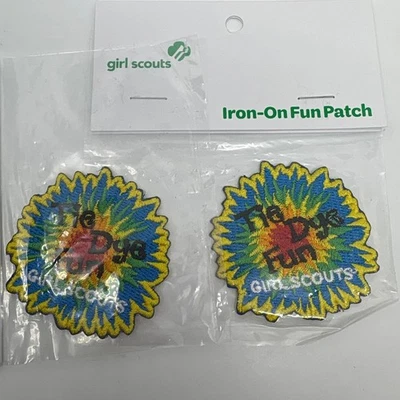 2 Girl Scouts Tie Dye Fun Iron On Patches 58477 New Jacket Patches Rainbow Color - Image 1 of 4
