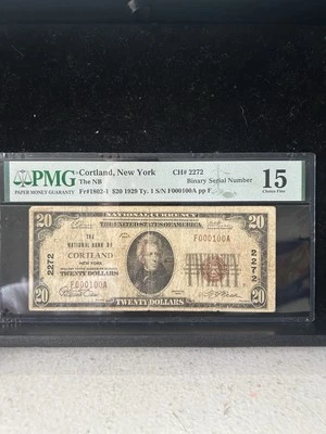 SASA 1929 Cortland NB $20 New York Pmg F15 Binary Serial Number 100 - Image 1 of 2