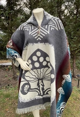 HANDMADE ALPACA WOOL PONCHO, Unisex Gray, Mushroom, Soft & Warm, Made In Ecuador - Image 1 of 4