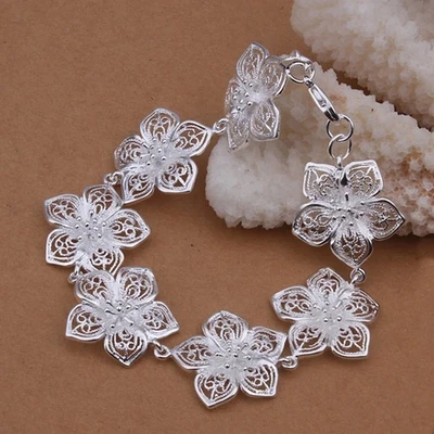 925 Silver Flower Chain Bracelet Elegant Floral Band Wedding Style 1 Pc - Image 1 of 4