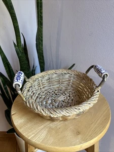 Vintage Bread Basket With Ceramic White And Blue Handles - Picture 1 of 14