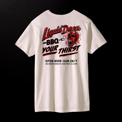 Liquid Death 白色衬衫 XXXL BBQ Your Thirst Merch 棉图案 T 恤 3X 全新 — 第 1/4 张图片
