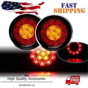 2X 4inch Round Red amber 16-LED Truck Trailer Brake Stop Turn Signal Tail Lights