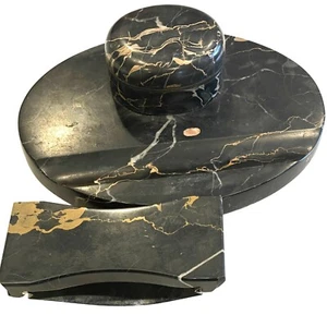 Vintage Art Deco Nero Portoro Marble Inkwell & Blotter Desk Set Black Gold Italy - Picture 1 of 18