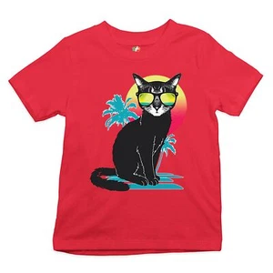 Cool Summer Cat Youth T-shirt Neon Kitty on a Beach Animal Lovers Kids - Picture 1 of 25