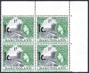 Basutoland 1961 1c on 1d, OVERPRINT SHIFTED to LEFT, block of 4, SG.59, UM - Picture 1 of 1