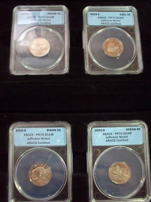 2004 s - 2005s  jefferson nickels proof 70 in cherry box 4 coin set - Image 1 of 4