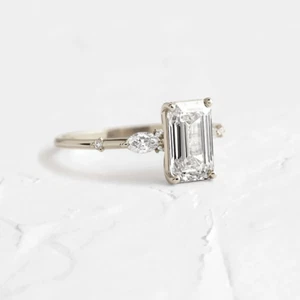 18K White Gold IGI Lab Grown 1.50 Ct Emerald Cut Diamond Engagement Ring - Picture 1 of 10