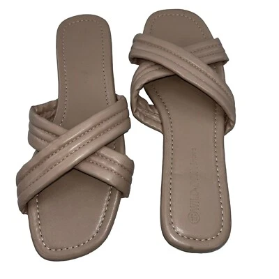 Wild Diva Quilted Crisscross Slip On Slides Sandals Flat Tan Size 8.5 - Image 1 of 4