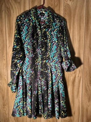 BEBE  MULTICOLOR Georgette Shirt Dress Medium Long Roll Tab Sleeve Button Front - Image 1 of 4