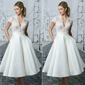 Vintage Womens White Lace Bride Dresses Tea Length Wedding Gowns Wedding Dress - Picture 1 of 8