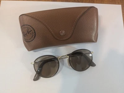 Ray Ban RB 3475-Q 112/53 4721 2N Brown Leathers Round Sunglasses Italy With Case - Bild 1 von 4