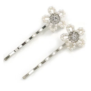 2 Bridal/ Prom Crystal, Simulated Pearl 'Open Rose' Hair Grips/ Slides In - Picture 1 of 6