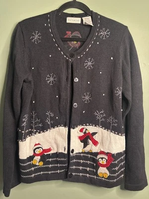 Vintage Women’s M Black Cardigan Snowflakes Snowman Print Novelty Holiday Winter - Image 1 of 4