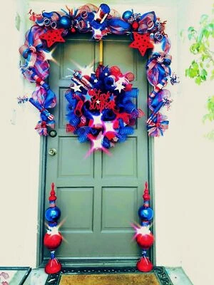 July 4th Front Door Wreath Garland Topiary Set Handmade Patriotic Floral Decor - Image 1 of 4