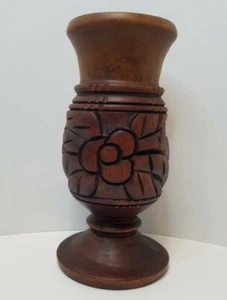 Wooden Hand Carved Vase Floral Pedestal Footed Base Brown 8.75" Tall - Picture 1 of 7