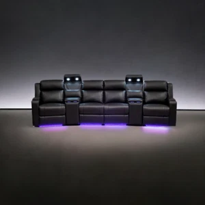 Home Cinema 4 Seater Leather Electric Recliner Sofa Black - Picture 1 of 10