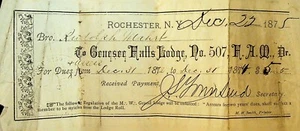 Masonic Temple 1875 Genesee Falls Lodge Rochester NY #507 recibo de envío y devolución - Imagen 1 de 1