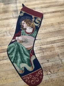 Vintage Needlepoint Christmas Stocking Angel Navy Blue Velvet Backing 20” - Picture 1 of 3