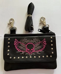 WOMENS PINK SKULL LEATHER HIP BLACK BAG w/ ADJUSTABLE SHOULDER STRAP - OA58 - Picture 1 of 6