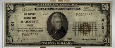 TEXAS SPECIAL 1929 $20 Twenty Dollars National Bank Note MARSHALL TEXAS #4101 - Image 1 of 4