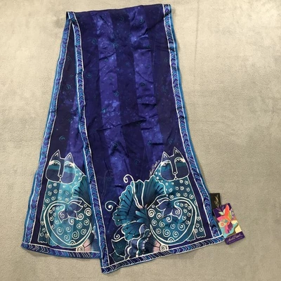 Laurel Burch Bufanda de Seda Azul Flor Gatos Flores Rectangular 11"x52" NUEVO Foto 1 de 4