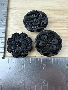3 Black Glass Antique Buttons Victorian Lace Starburst Textured Round Shape - Picture 1 of 9