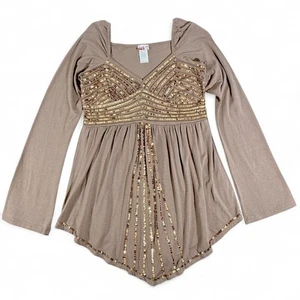 Top Babydoll Sanjoy Vintage Y2K Lentejuelas Mujer L Hada Coqueta Hanky Dobladillo Moca - Imagen 1 de 6