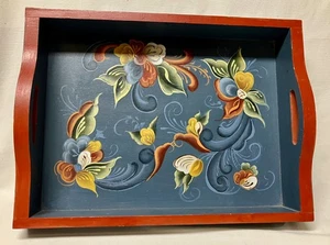 Bandeja de madera pintada a mano vintage de arte popular noruego rosa 11"x15" - Imagen 1 de 7