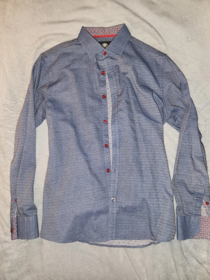 Camisa de vestir para hombre English Laundry pequeña azul patrón de puntos rojos ribete en contraste larga Foto 1 de 4