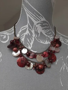 Vintage Avon Red Burgundy Bead Mother Of Pearl Shell Necklace Retro - Picture 1 of 6